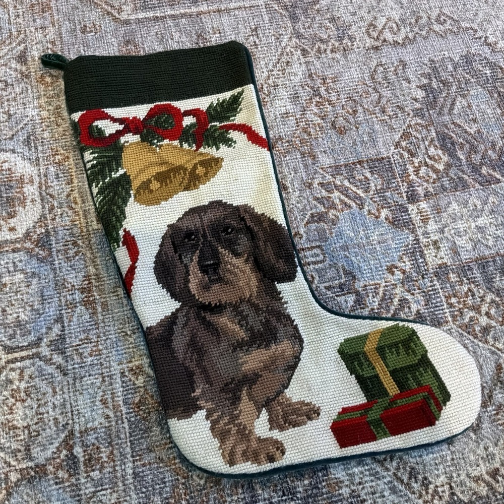 VTG Needlepoint Wool Brown Dachshund Weiner Dog Christmas Stocking Velvet Back